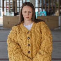 Alpaca Cardigan, Hand Knit Cable Sweater, Mustard Button Front, Chunky 18 Strand T2209