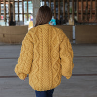Alpaca Cardigan, Hand Knit Cable Sweater, Mustard Button Front, Chunky 18 Strand T2209