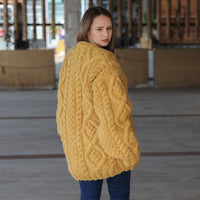 Alpaca Cardigan, Hand Knit Cable Sweater, Mustard Button Front, Chunky 18 Strand T2209