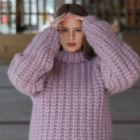 Purple Alpaca Sweater, 30 Strand English Rib Knit, Hand Knitted Fluffy Texture T2220