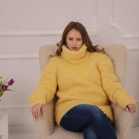 One available in size 3XL, Yellow Alpaca Sweater, 12 Strand Brushed Knit, Hand Knitted Turtleneck Pullover T2226