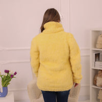 One available in size 3XL, Yellow Alpaca Sweater, 12 Strand Brushed Knit, Hand Knitted Turtleneck Pullover T2226