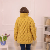 One available in size 4XL, Yellow Alpaca Sweater, 18 Strand Honeycomb Cable Knit, Chunky Hand Knitted Turtleneck T2227