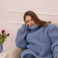 Wool Sweater, English Rib Knit, Chunky Hand Knitted Blue Turtleneck Warm Pullover T2234