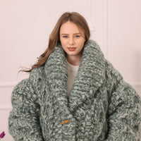 Chunky Cardigan, Wool Mohair Blend, Hand Knitted Green Melange Oversized Button Closure T2235