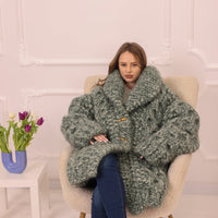 Chunky Cardigan, Wool Mohair Blend, Hand Knitted Green Melange Oversized Button Closure T2235