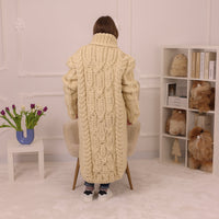Wool Cardigan, Extra Long Cable Knit, Hand Knitted Cream Turtleneck Oversized Coat T2236