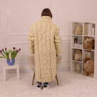 Wool Cardigan, Extra Long Cable Knit, Hand Knitted Cream Turtleneck Oversized Coat T2236