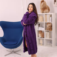 Long Wool Cardigan, Cable Knit, Hand Knitted Purple Oversized Button Coat T2237