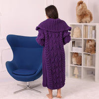 Long Wool Cardigan, Cable Knit, Hand Knitted Purple Oversized Button Coat T2237