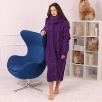 Long Wool Cardigan, Cable Knit, Hand Knitted Purple Oversized Button Coat T2237