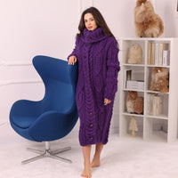 Long Wool Cardigan, Cable Knit, Hand Knitted Purple Oversized Button Coat T2237