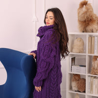 Long Wool Cardigan, Cable Knit, Hand Knitted Purple Oversized Button Coat T2237