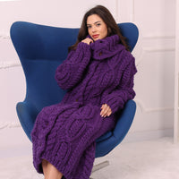 Long Wool Cardigan, Cable Knit, Hand Knitted Purple Oversized Button Coat T2237
