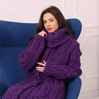 Long Wool Cardigan, Cable Knit, Hand Knitted Purple Oversized Button Coat T2237
