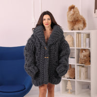 25 Strand Mohair Cardigan Coat, Extra Chunky Zip Sweater, Oversized Heavy Knit Jacket T2238