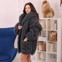 25 Strand Mohair Cardigan Coat, Extra Chunky Zip Sweater, Oversized Heavy Knit Jacket T2238