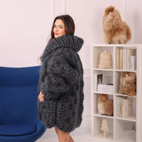 25 Strand Mohair Cardigan Coat, Extra Chunky Zip Sweater, Oversized Heavy Knit Jacket T2238