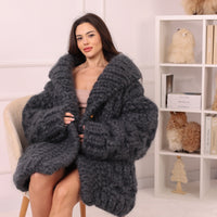 25 Strand Mohair Cardigan Coat, Extra Chunky Zip Sweater, Oversized Heavy Knit Jacket T2238