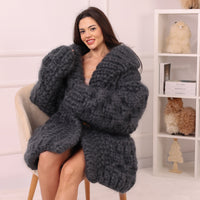 25 Strand Mohair Cardigan Coat, Extra Chunky Zip Sweater, Oversized Heavy Knit Jacket T2238