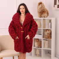 Chunky Wool Mohair Cardigan, Honeycomb Knit, Hand Knitted Red Oversized Coat T2239