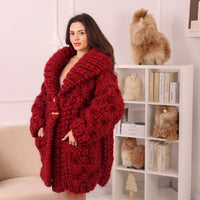 Chunky Wool Mohair Cardigan, Honeycomb Knit, Hand Knitted Red Oversized Coat T2239
