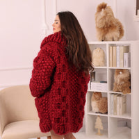 Chunky Wool Mohair Cardigan, Honeycomb Knit, Hand Knitted Red Oversized Coat T2239