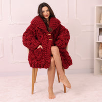 Chunky Wool Mohair Cardigan, Honeycomb Knit, Hand Knitted Red Oversized Coat T2239