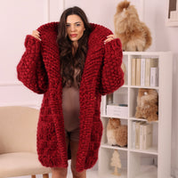 Chunky Wool Mohair Cardigan, Honeycomb Knit, Hand Knitted Red Oversized Coat T2239