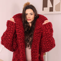 Chunky Wool Mohair Cardigan, Honeycomb Knit, Hand Knitted Red Oversized Coat T2239