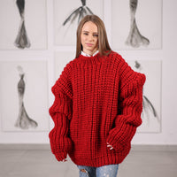 Red Wool Turtleneck Sweater, Hand Knitted English Rib Jumper, Chunky Winter Knitwear T2065