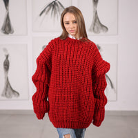 Red Wool Turtleneck Sweater, Hand Knitted English Rib Jumper, Chunky Winter Knitwear T2065