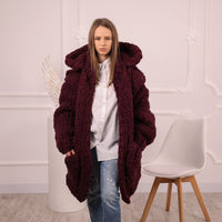 Chunky Hooded Cardigan, 25 strands Burgundy Alpaca Wool Knit, Oversized Coat with Pockets T2098
