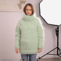 Green French Kid Mohair Turtleneck Sweater, Brushed Hairy Knit, Extra Soft Fluffy Pullover T2102