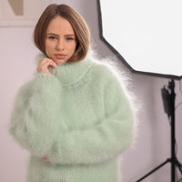 Green French Kid Mohair Turtleneck Sweater, Brushed Hairy Knit, Extra Soft Fluffy Pullover T2102