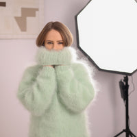 Green French Kid Mohair Turtleneck Sweater, Brushed Hairy Knit, Extra Soft Fluffy Pullover T2102