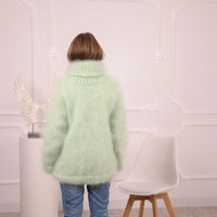 Green French Kid Mohair Turtleneck Sweater, Brushed Hairy Knit, Extra Soft Fluffy Pullover T2102