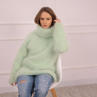 Green French Kid Mohair Turtleneck Sweater, Brushed Hairy Knit, Extra Soft Fluffy Pullover T2102
