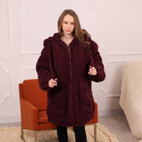 Chunky Hooded Cardigan, 25 strands Burgundy Alpaca Wool Knit, Oversized Coat with Pockets T2098