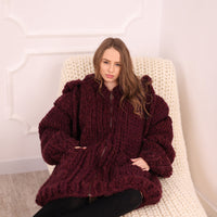 Chunky Hooded Cardigan, 25 strands Burgundy Alpaca Wool Knit, Oversized Coat with Pockets T2098