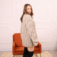 Beige Baby Suri Alpaca Cable Knit Cardigan, Hand Knitted Button Front Sweater T2114