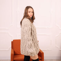 Beige Baby Suri Alpaca Cable Knit Cardigan, Hand Knitted Button Front Sweater T2114