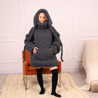 Extra Chunky Wool Alpaca Hooded Turtleneck Sweater with Pocket, Oversized Gray Pullover T2111