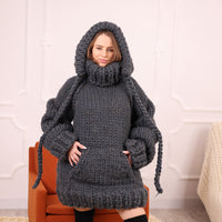 Extra Chunky Wool Alpaca Hooded Turtleneck Sweater with Pocket, Oversized Gray Pullover T2111
