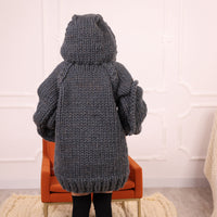 Extra Chunky Wool Alpaca Hooded Turtleneck Sweater with Pocket, Oversized Gray Pullover T2111