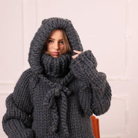 Extra Chunky Wool Alpaca Hooded Turtleneck Sweater with Pocket, Oversized Gray Pullover T2111