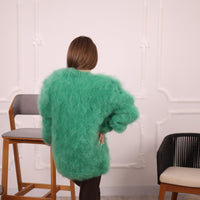 Green French Kid Mohair Turtleneck Sweater, Brushed Hairy Knit, Extra Soft Fluffy Pullover T2140