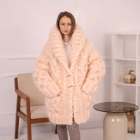 Chunky Cream Pink Melange Mohair Cardigan – Hand Knitted Oversized Sweater T2153
