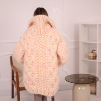 Chunky Cream Pink Melange Mohair Cardigan – Hand Knitted Oversized Sweater T2153