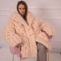 Chunky Cream Pink Melange Mohair Cardigan – Hand Knitted Oversized Sweater T2153